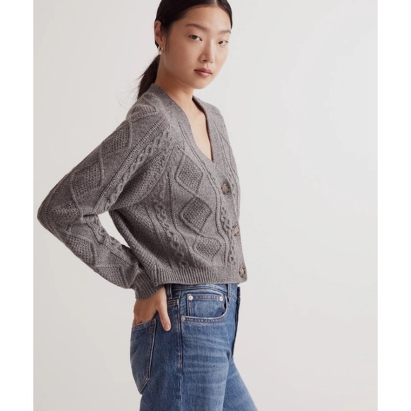 Madewell Cardigan S Cable Knit Cropped Wool Blend Gray Silver Fisherman Preppy - Picture 2 of 16